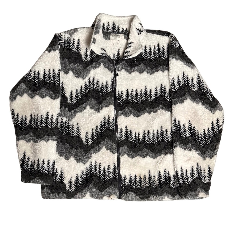 Black Mountain Outdoor Pine Tree Mountain Sherpa Fleece Jacket Women Large‎ Grey
